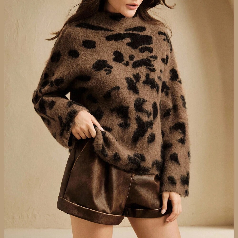 Brown Leopard Print Fuzzy Knit Mock Neck Oversized Sweater